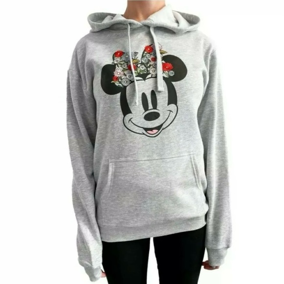 DISNEY Minnie Mouse Embroidered Bow Flowers Gray Hooded Sweatshirt Size L - Picture 1 of 12